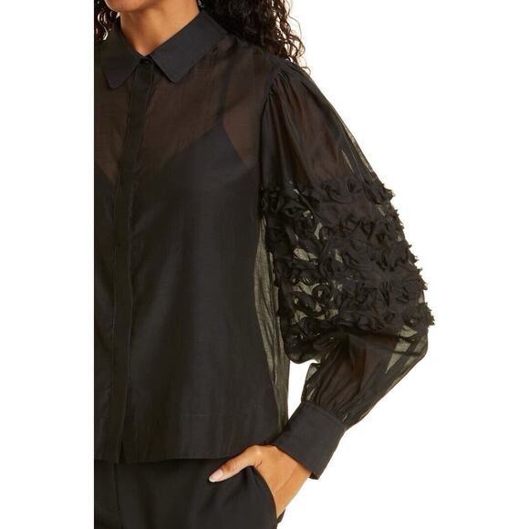 Rebecca Taylor $295 Women's Black Silk Ribbon Trim Sheer Button-Up Size S Luxury - Picture 8 of 16